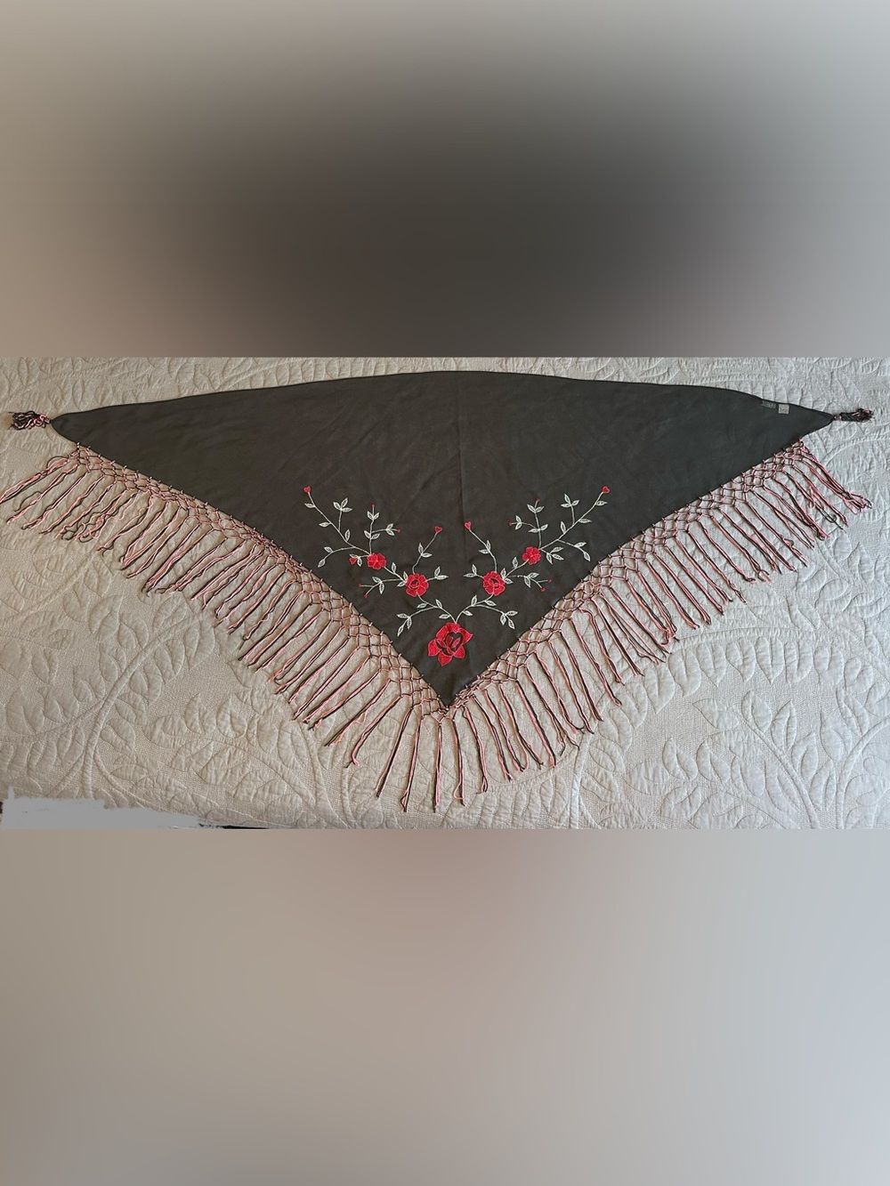 Tristan Embroidered Fringe Triangle Shawl Wrap Black Red Floral